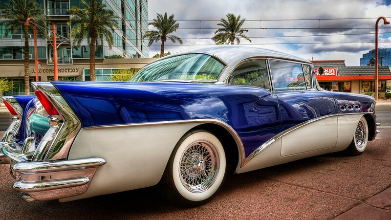 Blue Classic Car — Dramatic, Afternoon, Photograph, Palm Trees