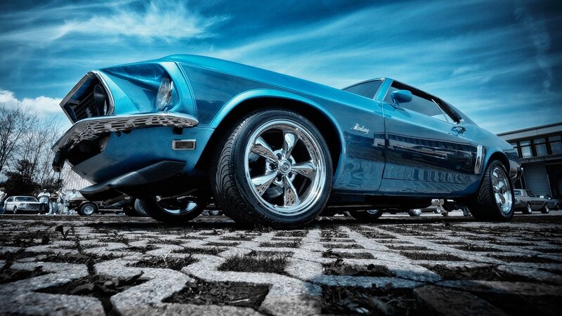Blue Classic Car — Dramatic, Afternoon, Photograph, People