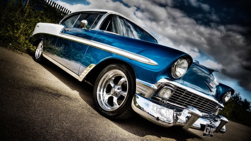 Blue Classic Car — Dramatic, Afternoon, Photograph, Road, Clouds