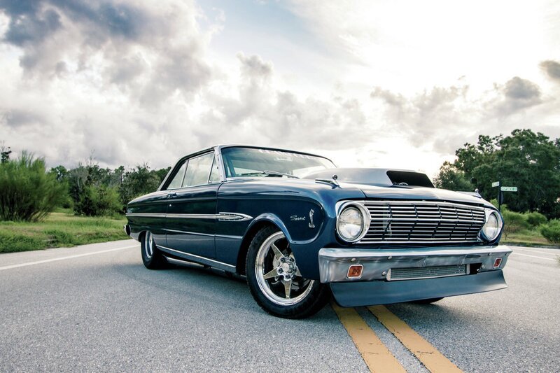 Blue Classic Car — Dramatic, Afternoon, Photograph, Road, Trees