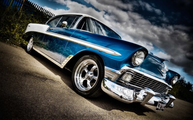 Blue Classic Car — Dramatic, Afternoon, Photograph, Sky, Fence