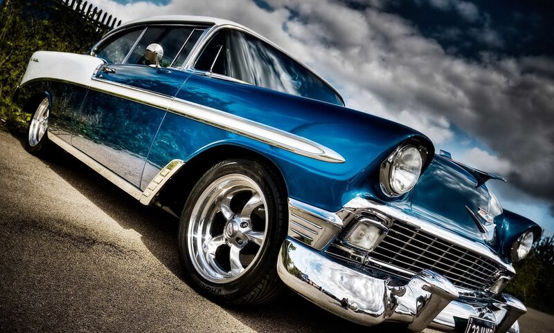 Blue Classic Car — Dramatic, Afternoon, Photograph, Sky