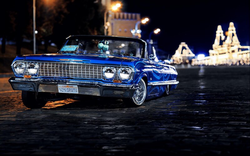 Blue Classic Car — Dramatic, Night, Photograph, Cobblestone Street