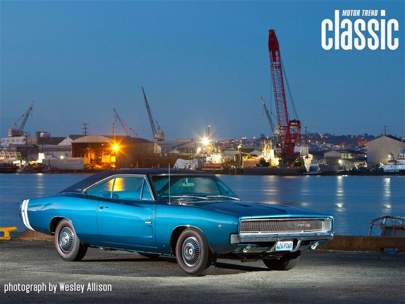 Blue Classic Car — Dramatic, Night, Photograph, Cranes
