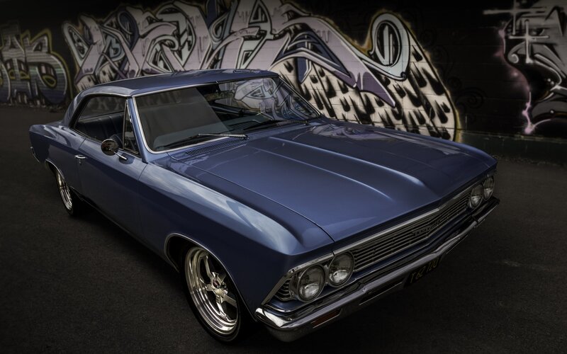 Blue Classic Car — Dramatic, Night, Photograph, Graffiti Wall