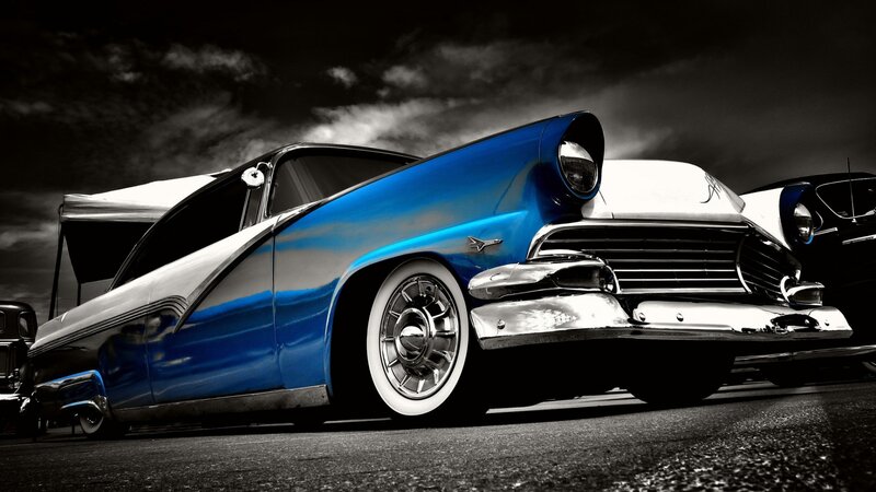 Blue Classic Car — Dramatic, Night, Photograph, Sky