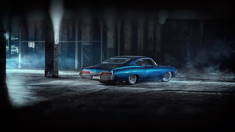 Blue Classic Car — Dramatic, Night, Photograph, Smoke