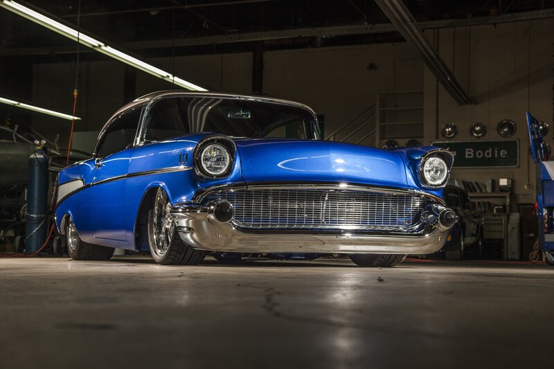 Blue Classic Car — Dramatic, Photograph, Garage