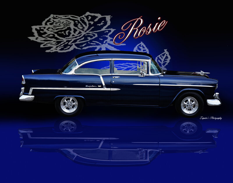 Blue Classic Car — Dramatic, Photograph, Rose
