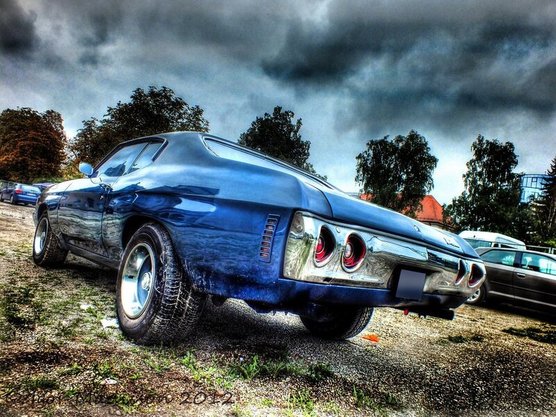 Blue Classic Car — Dramatic, Photograph, Trees
