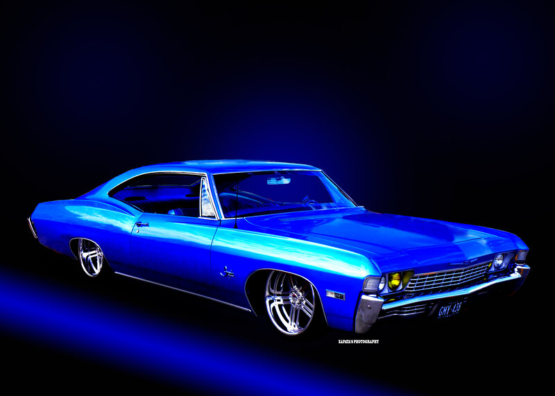 Blue Classic Car — Dramatic, Photograph, Wheels, License Plate