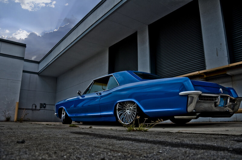 Blue Classic Car — Dramatic, Sunset, Photograph, Building