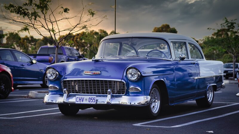 Blue Classic Car — Dramatic, Sunset, Photograph, Parking Lot