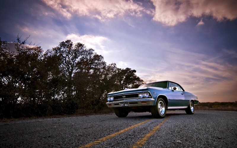 Blue Classic Car — Dramatic, Sunset, Photograph, Road, Trees, Sky, Gray