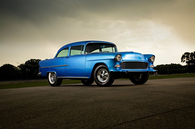 Blue Classic Car — Dramatic, Sunset, Photograph, Road, Trees