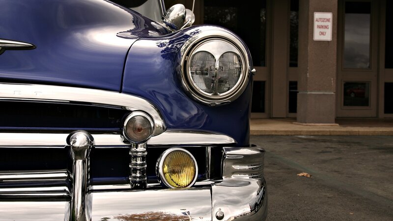 blue classic car front view