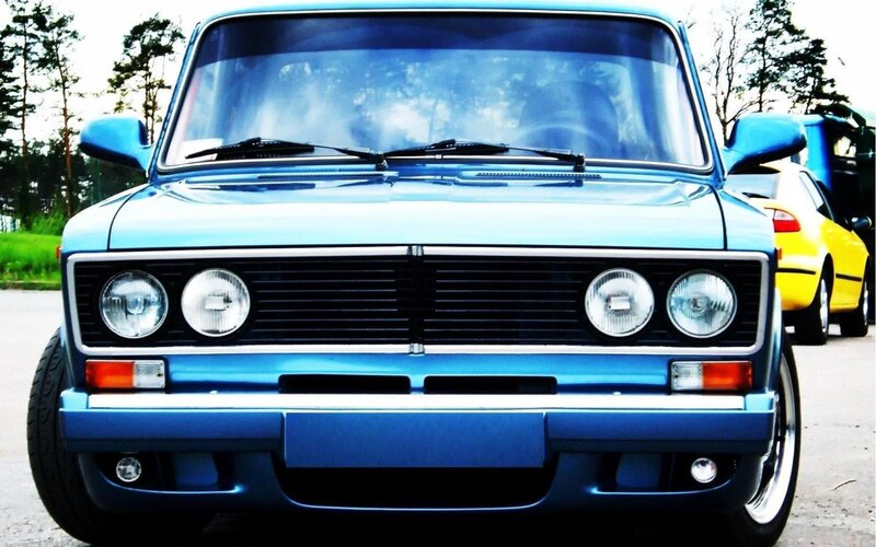 blue classic car front view
