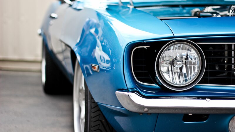 blue classic car front view