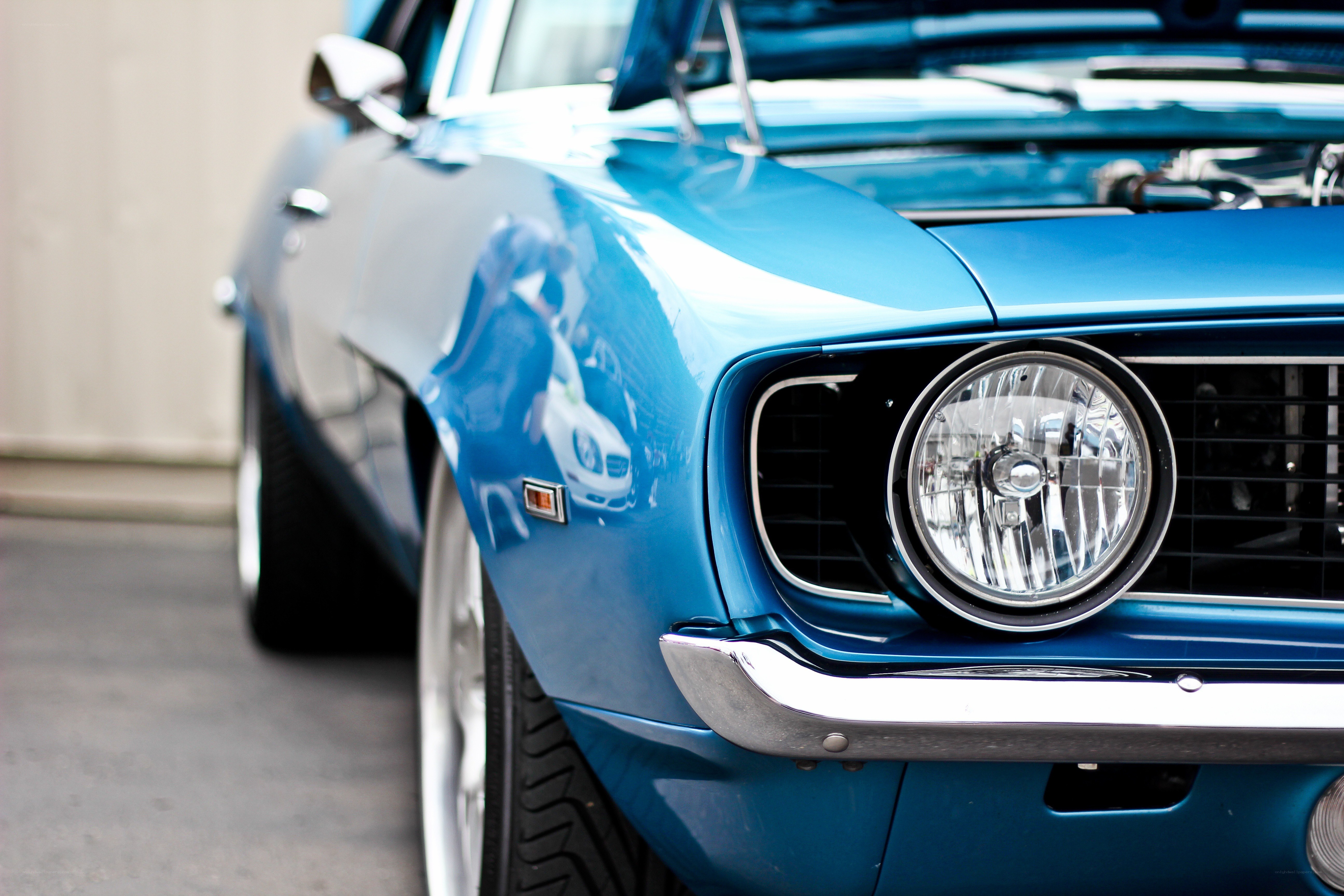 blue classic car front view
