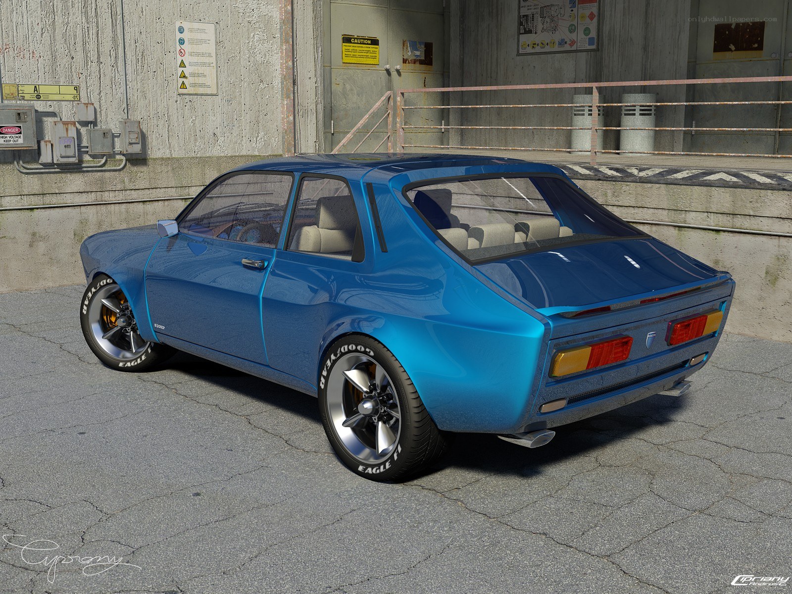 Blue classic car in garage