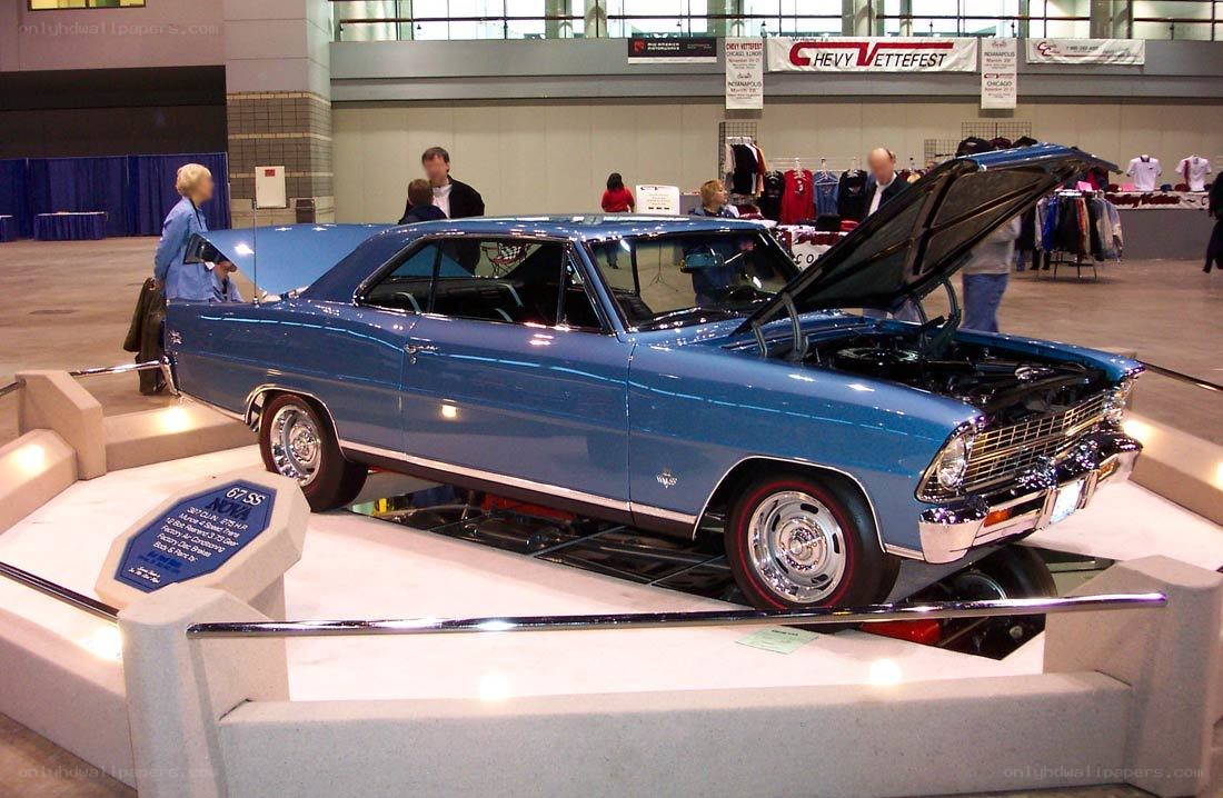 Blue classic car on display