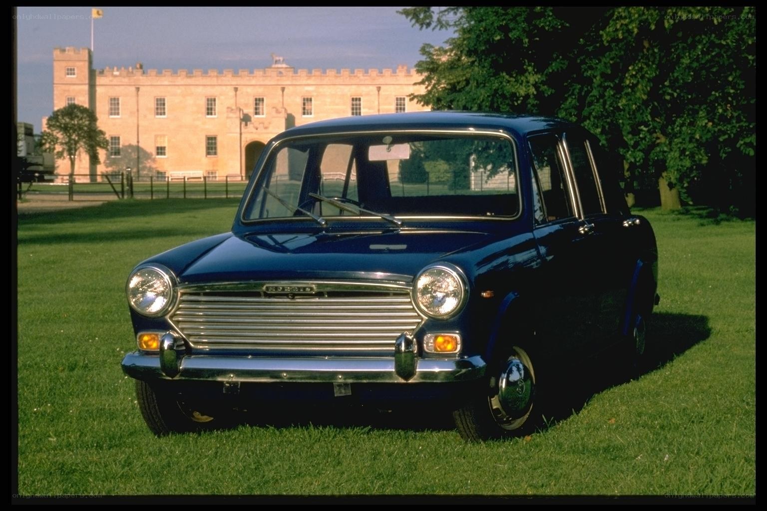Blue classic car on grass