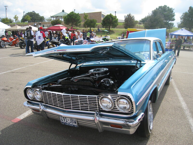 Blue Classic Car — Outdoor, Afternoon, Photograph, Car Show, People, Motorcycles