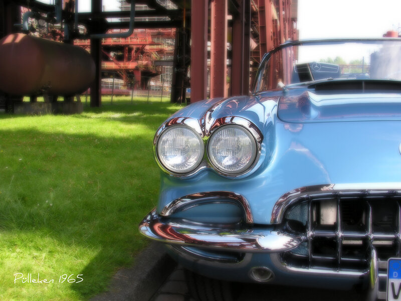 Blue Classic Car — Serene, Afternoon, Photograph, Grass