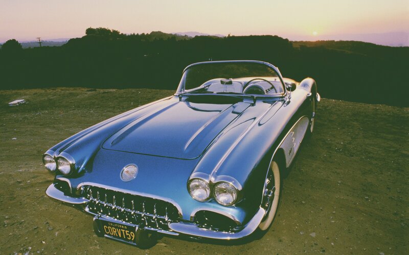 Blue Classic Car — Serene, Sunset, Photograph, Hills