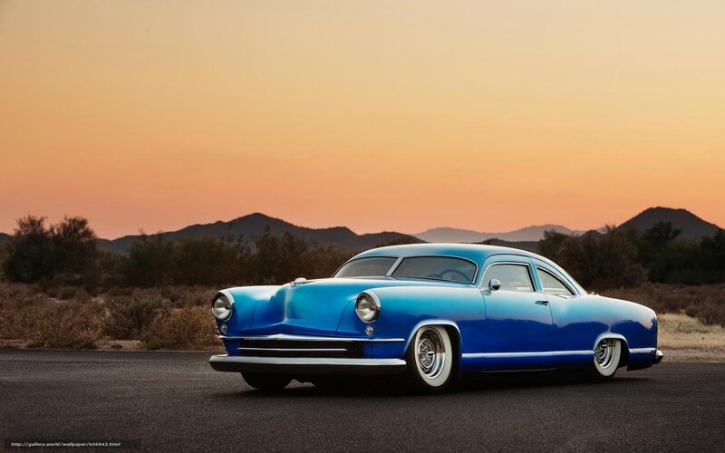 Blue Classic Car — Serene, Sunset, Photograph, Mountains