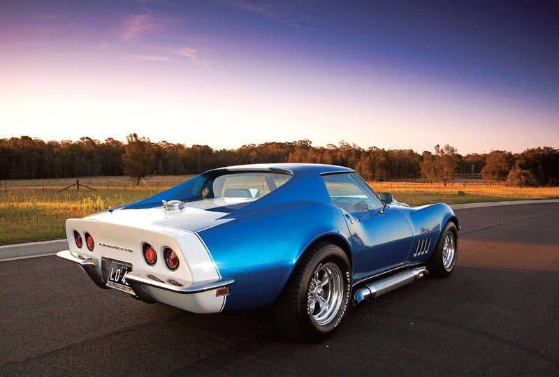 Blue Classic Car — Serene, Sunset, Photograph, Road, Trees