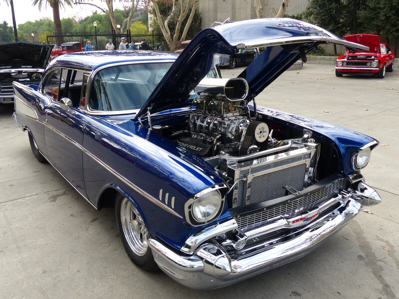 Blue Classic Car — Showcase, Afternoon, Photograph, Car Show, Open Hood, Engine