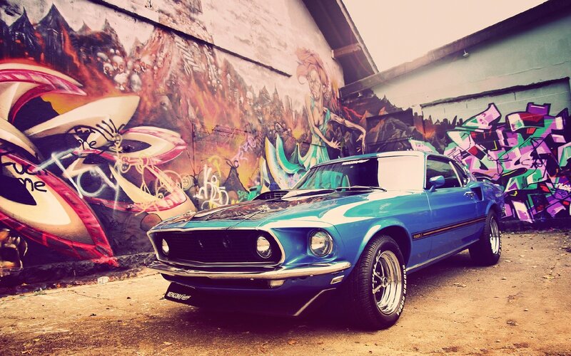 Blue Classic Car — Urban, Photograph, Graffiti Wall, Mural Art