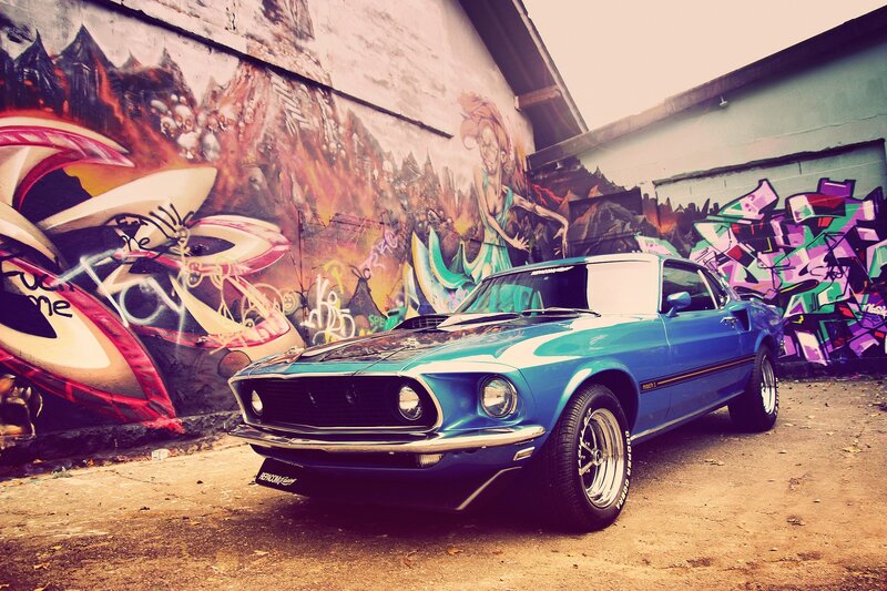 Blue Classic Car — Urban, Photograph, Graffiti Wall