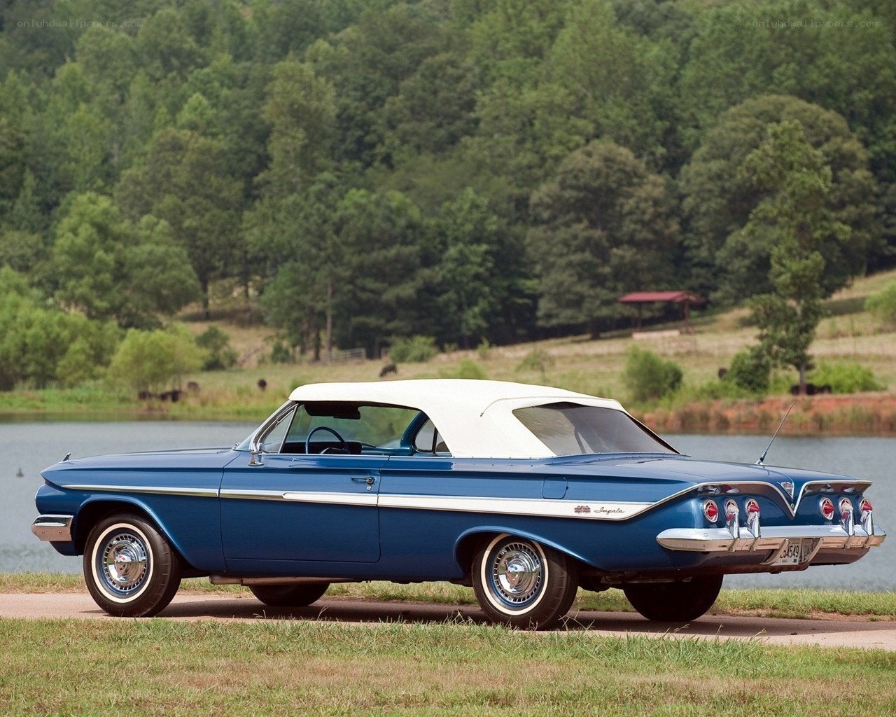 Blue classic convertible by lake