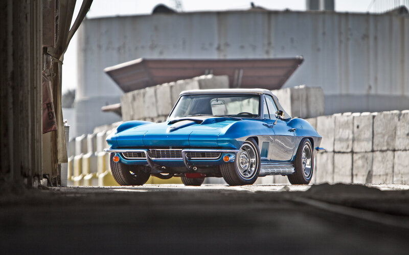 Blue Classic Convertible — Dramatic, Afternoon, Photograph, Car, Concrete Wall