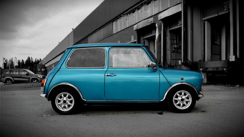 Blue Classic Mini Car — Dramatic, Photograph
