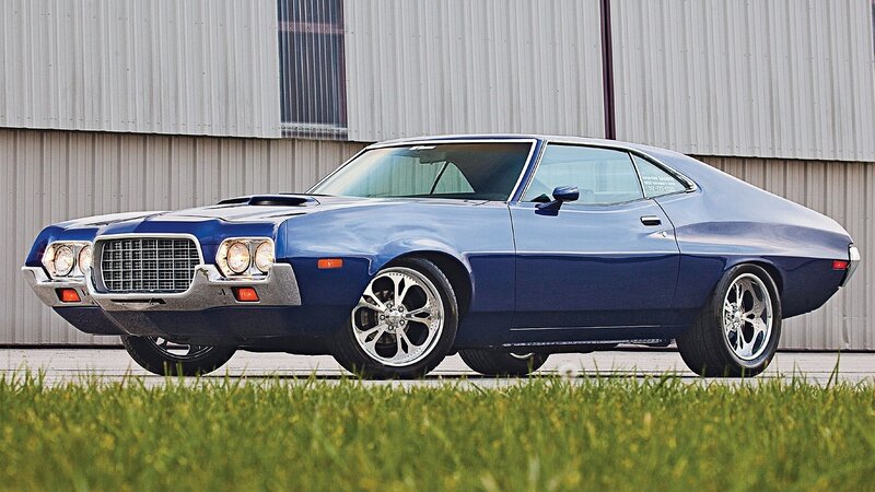 Blue Classic Muscle Car — Calm, Afternoon, Photograph, Building, Grass