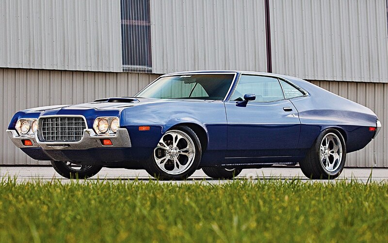 Blue Classic Muscle Car — Calm, Afternoon, Photograph, Building, Grass, Wheels