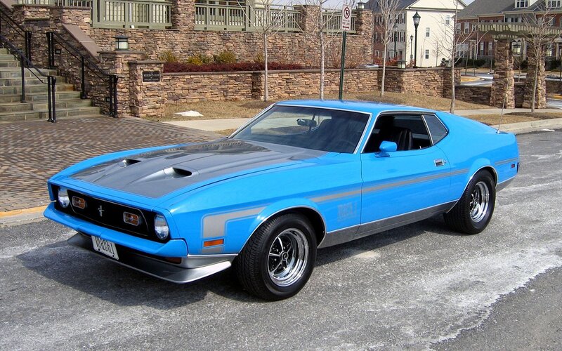 Blue Classic Muscle Car — Calm, Afternoon, Photograph, Building, Stone Wall