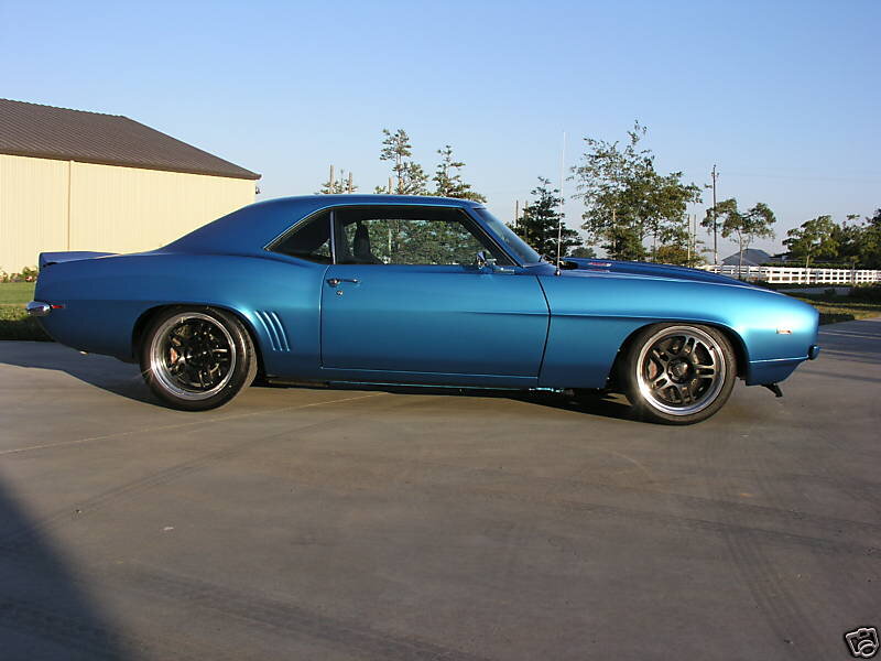 Blue Classic Muscle Car — Calm, Afternoon, Photograph, Building, Trees
