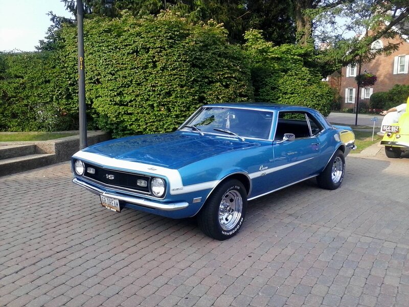 Blue Classic Muscle Car — Calm, Afternoon, Photograph, Hedge