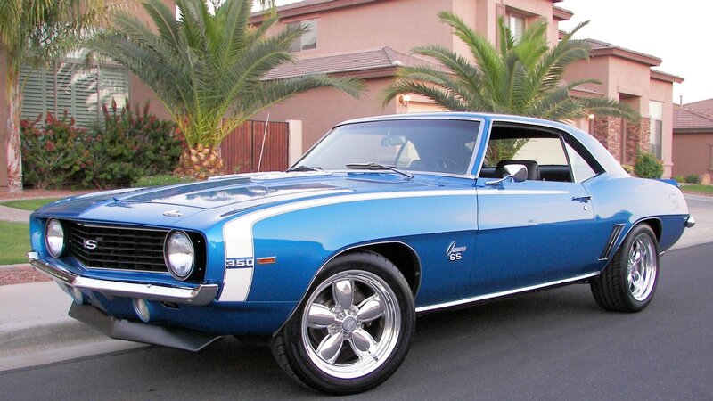 Blue Classic Muscle Car — Calm, Afternoon, Photograph, Palm Tree