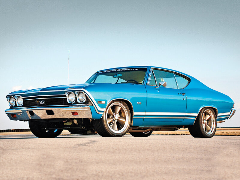 Blue Classic Muscle Car — Calm, Afternoon, Photograph, Road, Sky