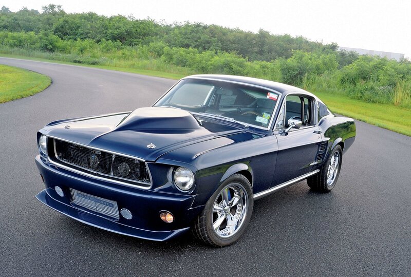 Blue Classic Muscle Car — Calm, Afternoon, Photograph, Road, Trees, Grass