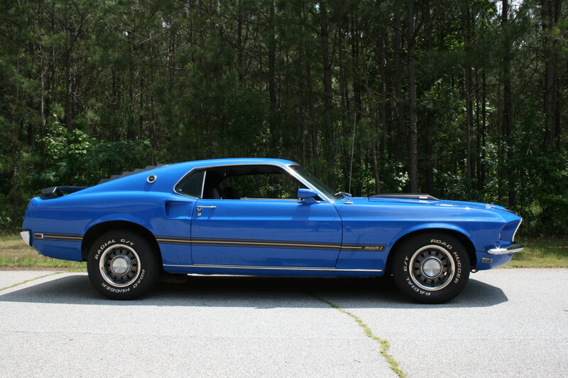 Blue Classic Muscle Car — Calm, Afternoon, Photograph, Trees, Asphalt