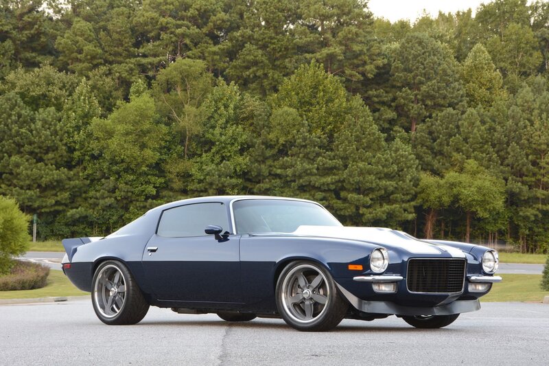 Blue Classic Muscle Car — Calm, Afternoon, Photograph, Trees, Road, Forest