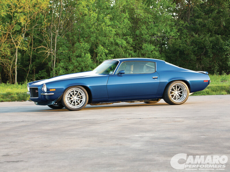 Blue Classic Muscle Car — Calm, Afternoon, Photograph, Trees, Road