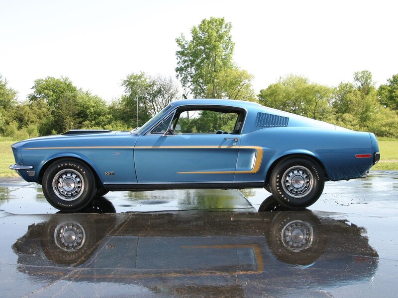 Blue Classic Muscle Car — Calm, Afternoon, Photograph, Wet Pavement