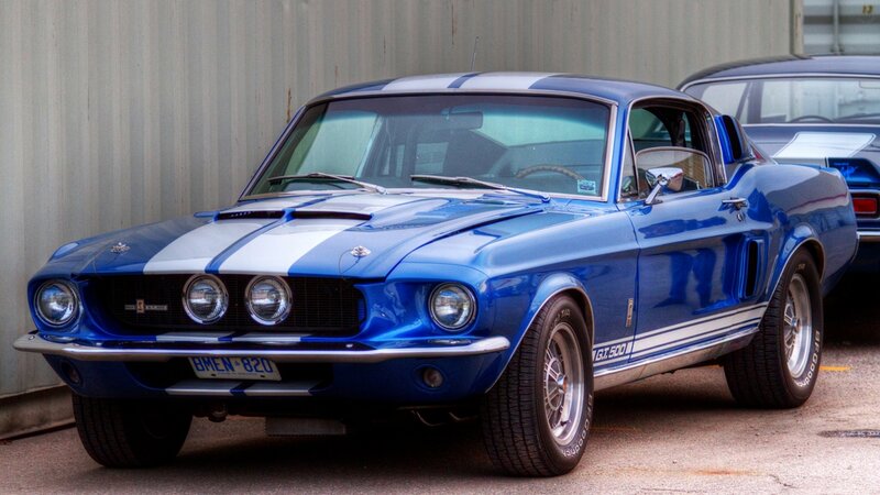 Blue Classic Muscle Car — Calm, Photograph, Building